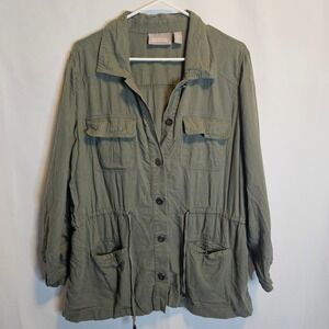 Chico's Olive Green Linen Blend Utility Jacket‎ Anorak Drawstring Size 3